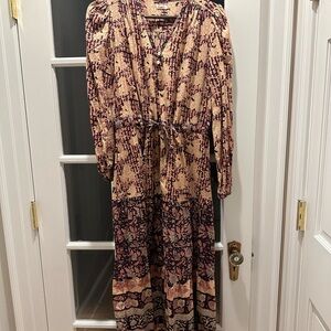 Faherty Long Sleeve Dress in Beige and Burgundy